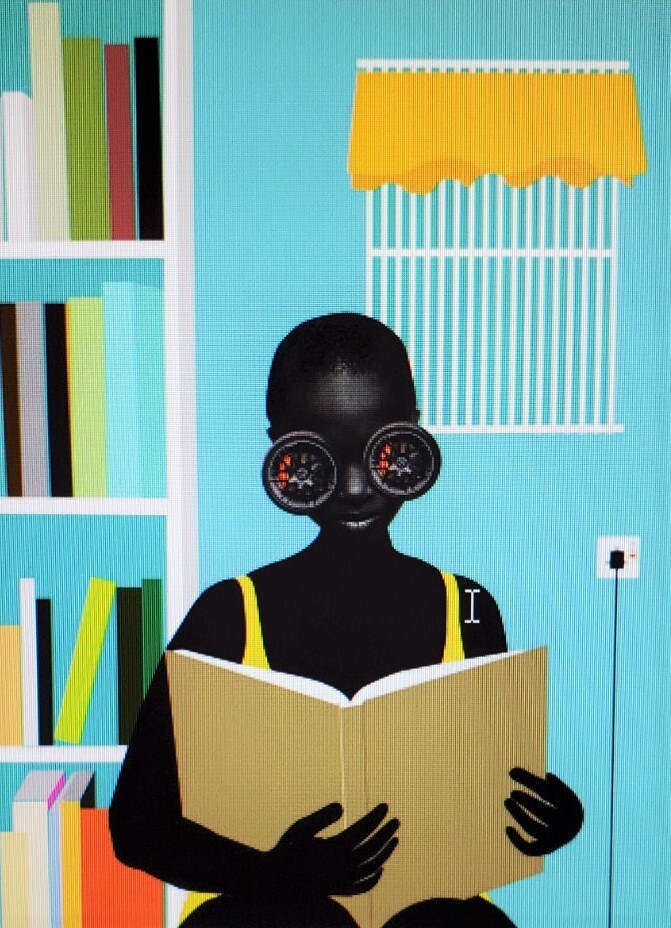 Digital Print artwork by Azuka Muoh depicting a woman reading a book with car tires as her eyes. 